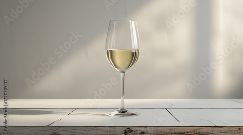 Two crystal glasses of white wine champagne on a table, an alcoholic beverage for a celebration dinner party