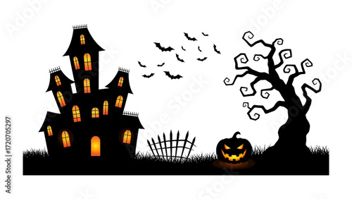 Spooky Halloween Scene: A digitally crafted illustration of a haunted house, complete with a spooky tree, bats, and a Jack O'Lantern, perfectly embodying the spirit of All Hallows' Eve.