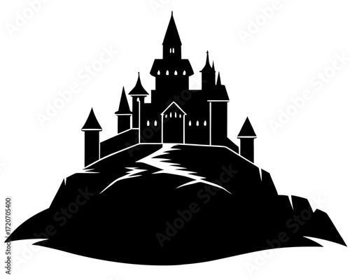 Castle on hill silhouette vector isolated on white background