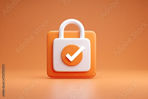 3D rendered orange square icon.  Safety lock with checkmark