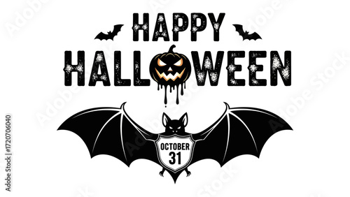 Happy Halloween: A spooky design features a grinning pumpkin, bats, and the words Happy Halloween, evoking the spirit of the October holiday.