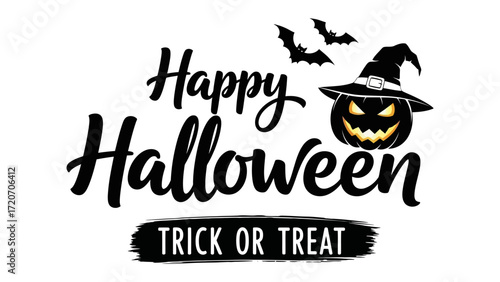 Spooky Halloween Greeting: Festive Halloween graphic with a grinning Jack-o'-lantern wearing a witch hat, flanked by bats, embodies spooky spirit.