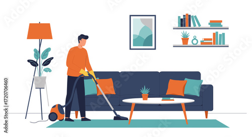 Man vacuuming carpet in modern living room with plants and decor  