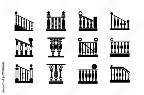 Railing Vector Icons – Balcony, Staircase, and Architecture Symbol Set