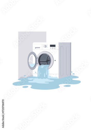 Washing machine overflowing with water and creating a puddle on floor  