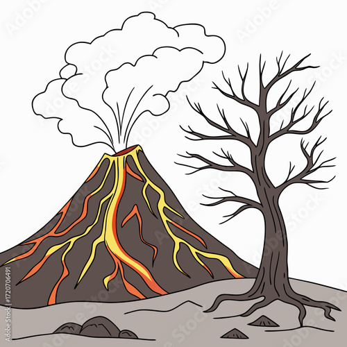 A cartoon illustration of a volcano erupting with lava flowing down its sides and smoke billowing into the sky next to a barren leafless tree standing on rocky ground
