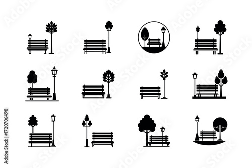 Park Bench Vector Icons – Outdoor, Garden, and Street Furniture Symbol Set