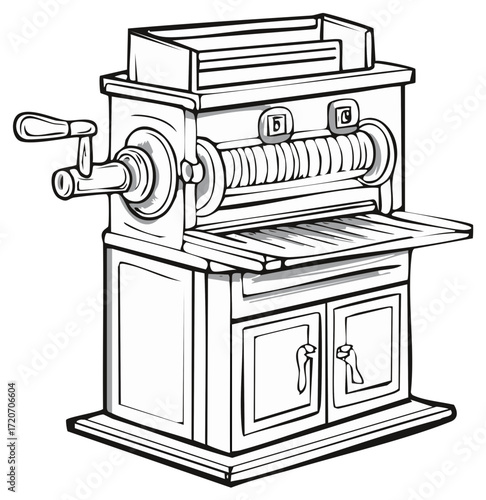 Outlined illustration of vintage printing press, industrial machine on cabinet
