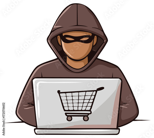 Anonymous person in dark hoodie and mask using a laptop with an online shopping cart icon.