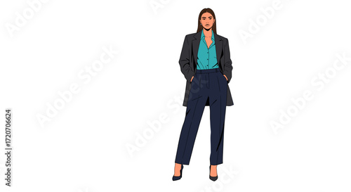 Confident woman in suit standing on white background  