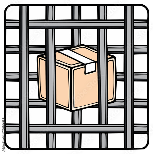 Cardboard box behind bars conveying concepts of imprisonment, restricted delivery or holding captive, an illustration of a packaged parcel