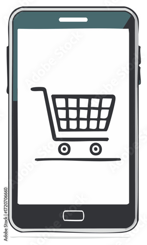 Online shopping concept with a shopping cart icon on a smartphone screen illustration