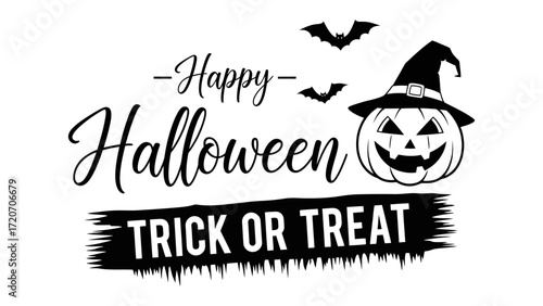 Spooky Halloween: A festive design featuring a carved pumpkin wearing a witch's hat, accompanied by flying bats, and the inscription Happy Halloween - Trick or Treat to set a chilling scene.