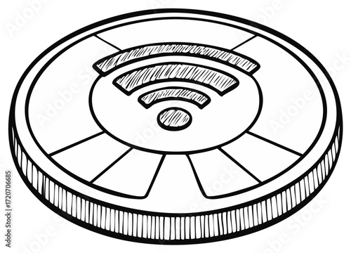 Hand-drawn illustration of a coin with a Wi-Fi symbol in black and white