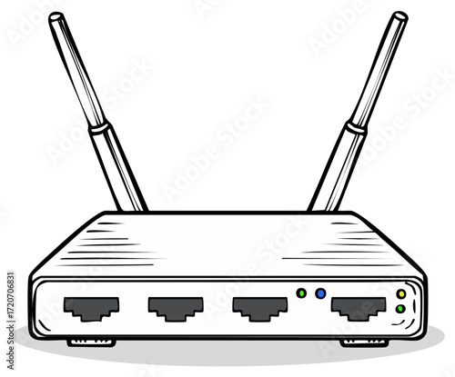 Vector line art wireless internet router device with dual antennas and indicator lights for network