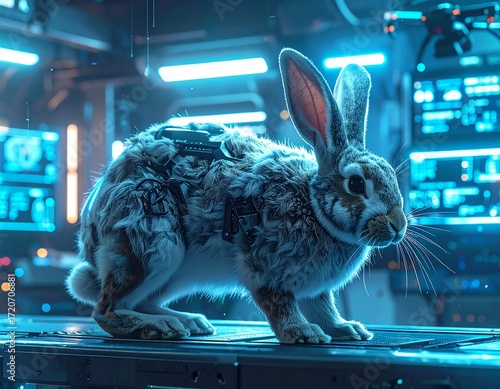Robotic rabbit stands on futuristic table in hightech laboratory with glowing blue lights, showcasing advanced technology and animal augmentation, creating a surreal and innovative scene.
