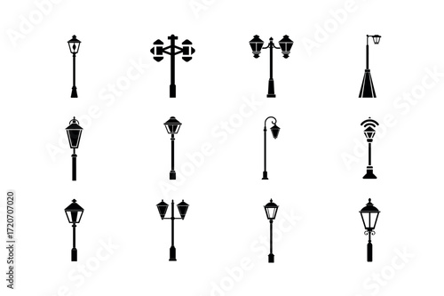 Street Lamp Vector Icons – Outdoor, Lighting, and Urban Symbol Set