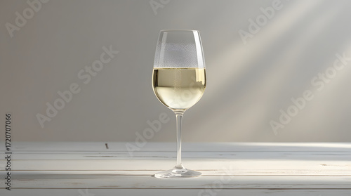 Two crystal glasses of white wine champagne on a table, an alcoholic beverage for a celebration dinner party
