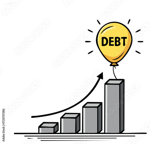 Conceptual Illustration of Increasing Debt Depicted with a Balloon and Rising Bar Graph