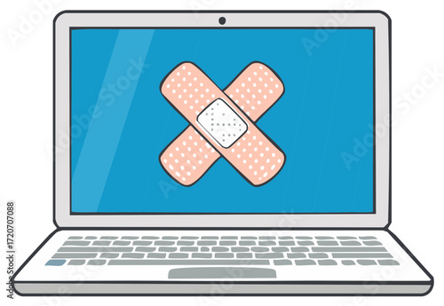 Laptop with Bandages on Screen Represents Security Patch, Virus Protection, or Computer Repair