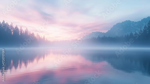 Wallpaper Mural Tranquil Escape Motion Background, calm lake mirroring pastel sky with misty mountain silhouettes and forest reflections, radiating peaceful solitude and soft atmosphere for emotional clarity Torontodigital.ca