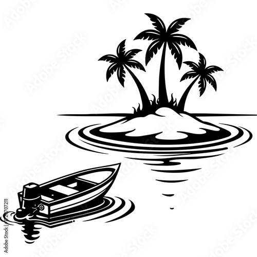 Sketchy emblem of a fisherman motorboat is anchored near a sandy island. Engraving minimalistic vector in black ink drawing on transparent background