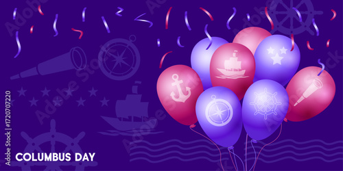 Creative design featuring red and purple balloons with ship, anchor, compass, and wheel icons. Ideal for banners, posters, and festive graphics.
