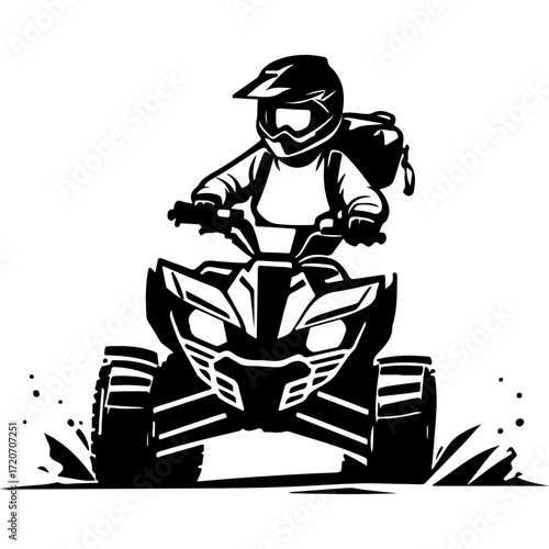 Sketchy sport emblem of Extreme tourist rushes on a quad bike, raising splashes and dirt. Engraving minimalistic vector in black ink drawing on transparent background