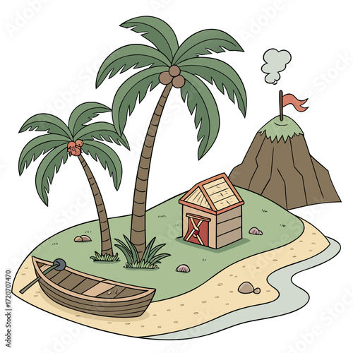 A charming cartoon illustration of a tropical island paradise featuring lush palm trees a small wooden hut a rowboat on the sandy shore and a smoking volcano in the background