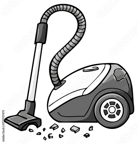 Grayscale cartoon vacuum cleaner tidying up scattered debris on the floor household cleaning illustration
