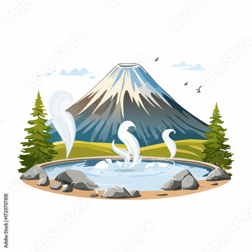 A polished vector illustration of Mount Fuji with a hot spring, featuring steaming waters and surrounding rocks in warm beige and gray tones with realistic steam effects, suitable for wellness retreat