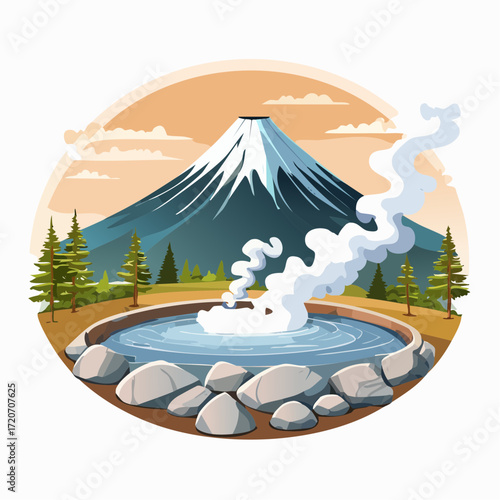 A polished vector illustration of Mount Fuji with a hot spring, featuring steaming waters and surrounding rocks in warm beige and gray tones with realistic steam effects, suitable for wellness retreat