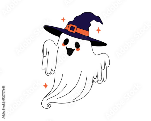 Cute Halloween Ghost Wearing a Witch Hat with Stars