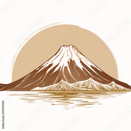 A exquisite vector illustration of Mount Fuji in a historical sketch style, with fine pen lines and a sepia-toned palette, capturing traditional Japanese artistry, perfect for cultural exhibits.
