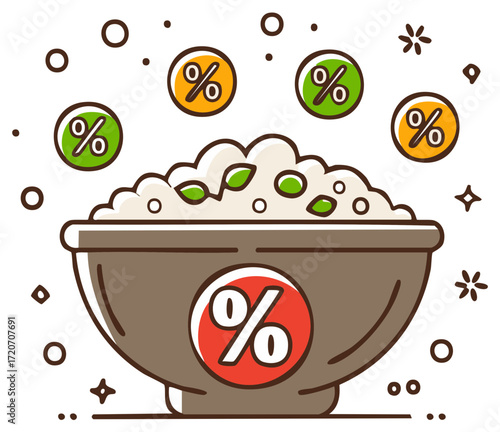Discount Delight: Bowl overflowing with savings represented by hovering percentage symbols in vibrant cartoon style
