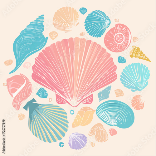 A meticulous vector illustration of a pastel seashell collection, showcasing varied shapes in pale coral, light aqua, and soft yellow with fine line work and subtle shading, suitable for beach decor.
