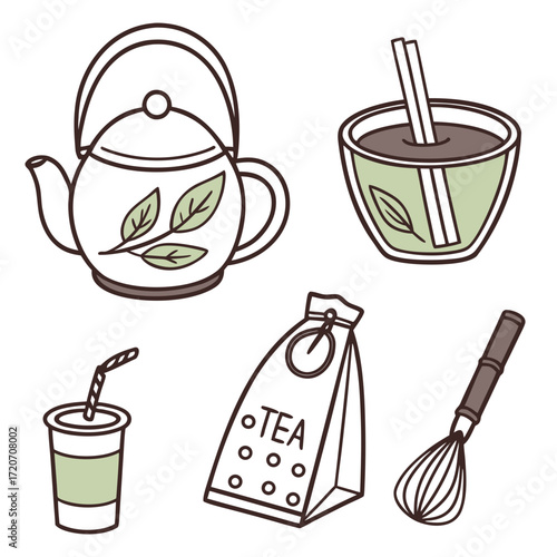 A charming hand drawn illustration featuring a classic teapot with leaf motifs a refreshing iced tea beverage with straws a convenient tea bag and a whisk for preparing delicious drinks