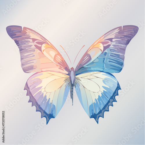 A precise vector illustration of pastel butterfly wings, highlighting intricate patterns in light lilac, baby blue, and pale yellow with fine detailing and glossy highlights, suitable for nature-theme