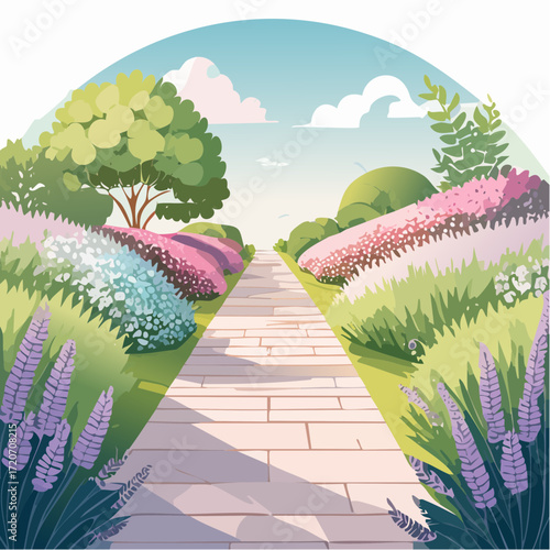A refined vector illustration of a pastel garden pathway, lined with flowers and shrubs in soft greens, lavenders, and pinks with delicate gradients, ideal for home design inspiration.
