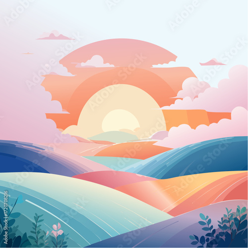 A refined vector illustration of a pastel sunrise landscape, showcasing gentle hills and a sky in soft pinks, oranges, and blues with smooth watercolor-like textures, ideal for wellness posters.

