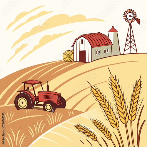 A charming vintage illustration of a red tractor plowing a golden wheat field next to a rustic barn silo and windmill under a cloudy sky evoking a sense of rural life and agricultural harvest