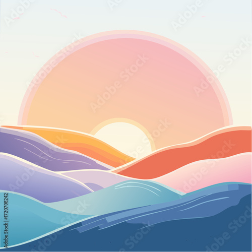 A refined vector illustration of a pastel sunrise landscape, showcasing gentle hills and a sky in soft pinks, oranges, and blues with smooth watercolor-like textures, ideal for wellness posters.
