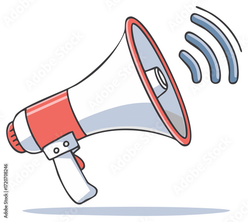 Cartoon megaphone with sound waves, red and white color illustration, vector design