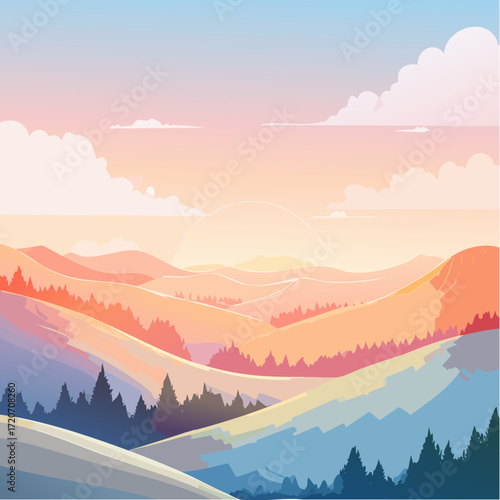 A refined vector illustration of a pastel sunrise landscape, showcasing gentle hills and a sky in soft pinks, oranges, and blues with smooth watercolor-like textures, ideal for wellness posters.
