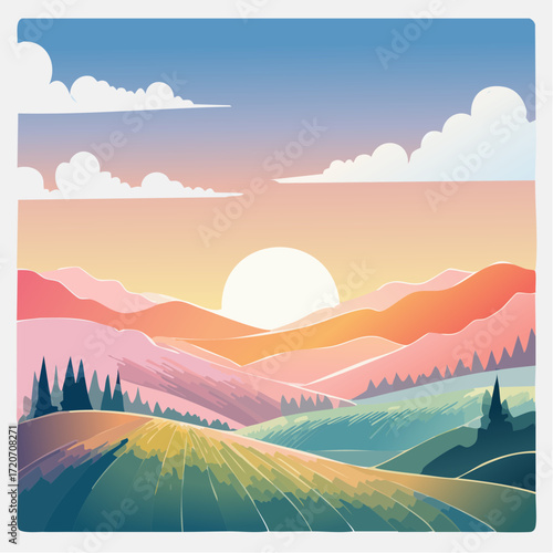 A refined vector illustration of a pastel sunrise landscape, showcasing gentle hills and a sky in soft pinks, oranges, and blues with smooth watercolor-like textures, ideal for wellness posters.

