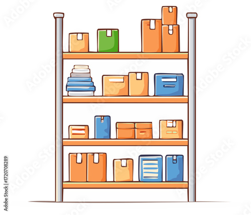 Organized storage shelves with cardboard boxes and packages cartoon vector illustration