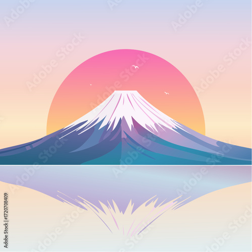 A highly detailed vector illustration of Mount Fuji at sunrise, with a soft pastel sky in pinks, lavenders, and pale yellows, featuring gentle gradients and a serene reflection, perfect for travel pos