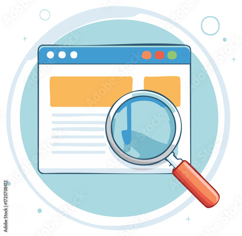 Website SEO Search Illustration, Magnifying Glass on Screen, Digital Analysis, Info Research, Online Search Vector Graphic