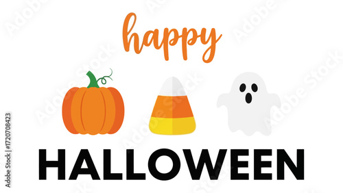 Spooky Halloween: Festive symbols of Halloween with cheerful typography, a festive blend of joy, treats, and ghostly fun.