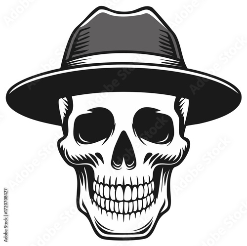 Stylized human skull wearing a classic fedora hat. Detailed vintage vector illustration.